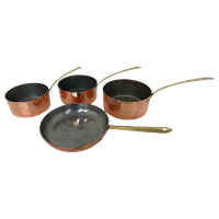 Tagus - Portugal - Set Of 4 - Copper Pots And Pan With Brass Handles - Polished