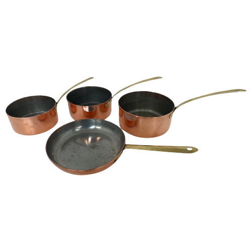 Tagus - Portugal - Set Of 4 - Copper Pots And Pan With Brass Handles - Polished