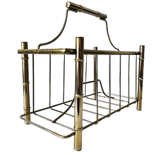 Vintage Hollywood Regency Faux Bamboe Krantenbak Lectuurmand Goud Metaal Tijdschriftenrek 1960’s 1