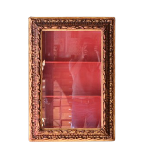 Antieke Wandvitrine – Goudkleurig Hout En Rood Fluweel 1