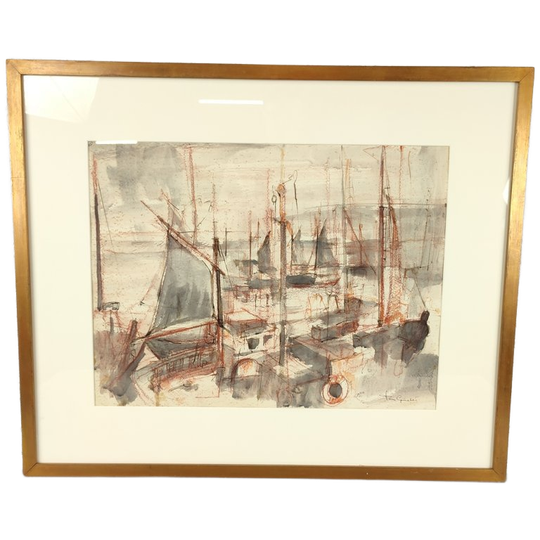 José Van Gucht - Aquarel - Havenzicht 1