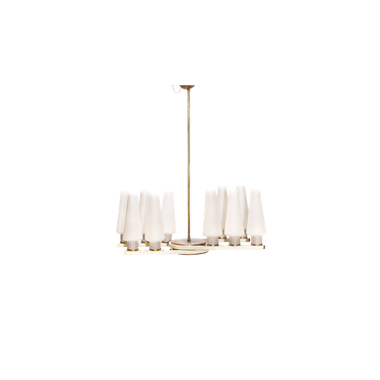 Vintage Mid Century White Brass Ceiling Lamp With Ten Opal Glass Shades 1