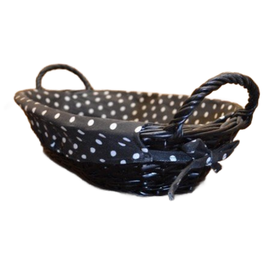 Ovaal Zwart Mandje Van Wilgentenen – Met Handgreepjes En Gestippeld Doekje 1