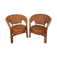 Een Paar Vintage Boho Stijl Rotan Webbing Fauteuils