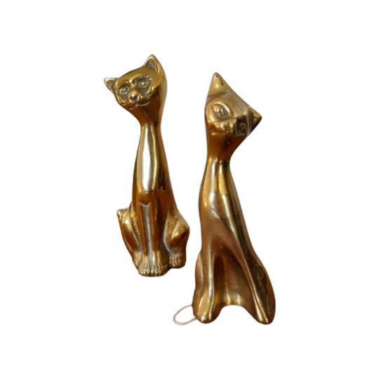 2x Messing Katten Poezen Beelden Vintage Poes Kat Beeld 1