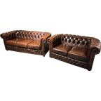 Compacte Engelse Chesterfield Zithoek 3+2 Zits Antiek Bruin Leder thumbnail 1