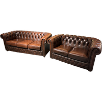 Compacte Engelse Chesterfield Zithoek 3+2 Zits Antiek Bruin Leder