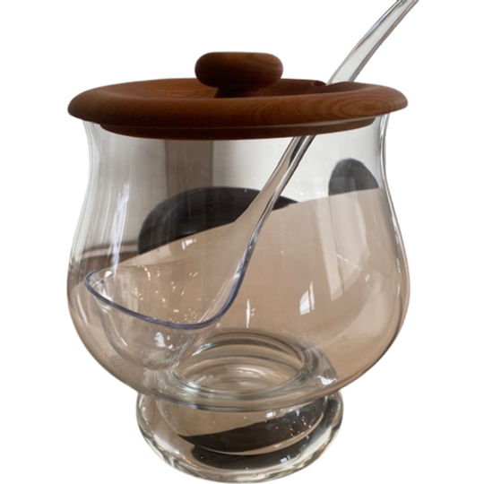 Glazen-bowl-schaal-met-deksel-en-lepel. 1