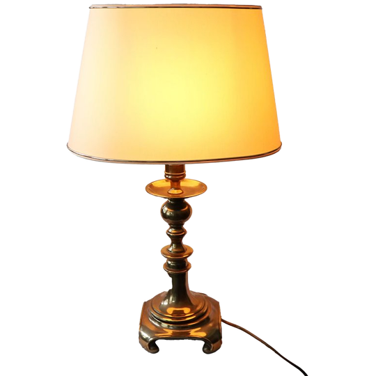 Klassieke Vintage Zware Messing Tafellamp In Oud Goudkleurig Met Kap, Jaren '60 1
