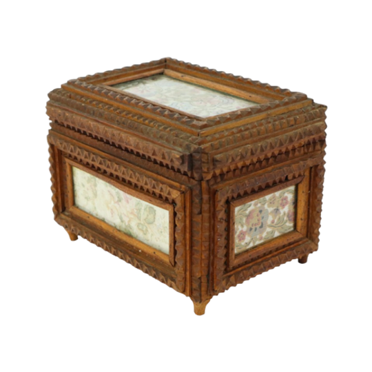 Oude Houten Tramp Art Doos Juwelenkist Trinket Volkskunst 1