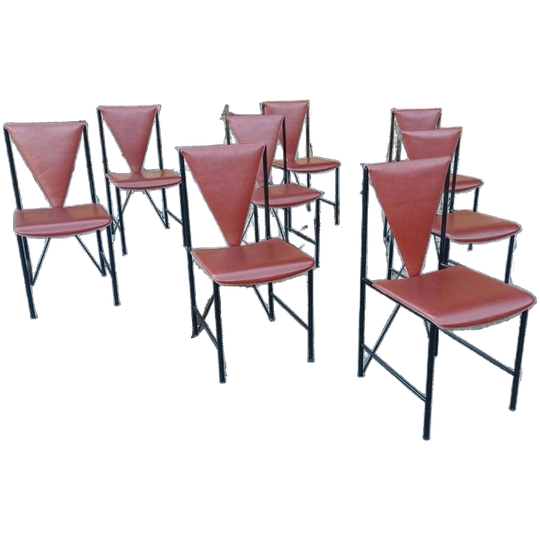 Set Van 8 Vintage Postmodern Leren Eetkamerstoelen 1