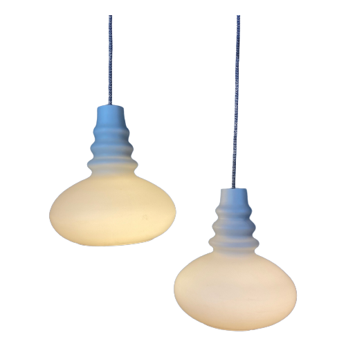 Pair Of White Frosted Glass Hanging Lamps From Peill And Putzler, 1960