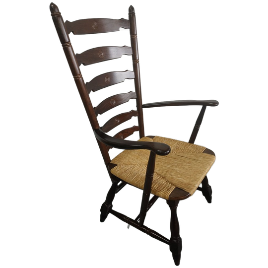 Vintage Houten Ladderback Haardstoel Fauteuil Met Rieten Zitting 1