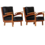 Vintage Lounge Fauteuils Met Eiken Frame En Zwart Leer, 1960s thumbnail 1