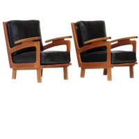 Vintage Lounge Fauteuils Met Eiken Frame En Zwart Leer, 1960s
