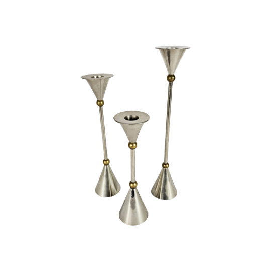 Memphis Milano Stijl - Kandelaar Houders - Set Van 3 - Messing - Chroom - 80's | 1