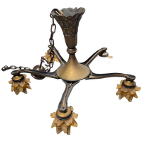 5 Arms Art Deco / Art Nouveau / Brass Hanging Lamp / Hand Blown Floral Shades