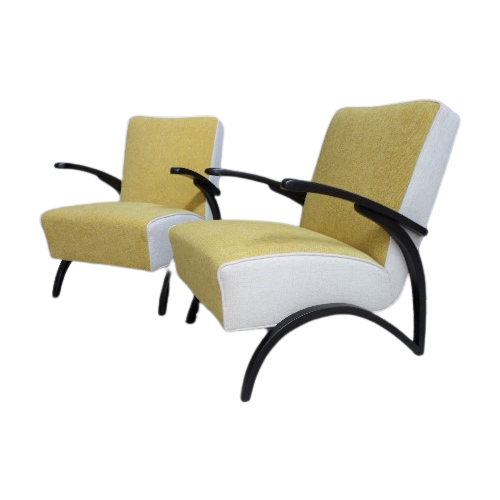 Pair Of Jindřich Halabala Yellow And White Chairs