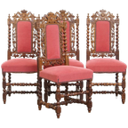 Leuke Antieke Set Van 4 Hollandse Eetkamerstoelen Met Mooi Houtsnijwerk En Rode Stoffen Bekleding thumbnail 1