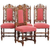 Leuke Antieke Set Van 4 Hollandse Eetkamerstoelen Met Mooi Houtsnijwerk En Rode Stoffen Bekleding