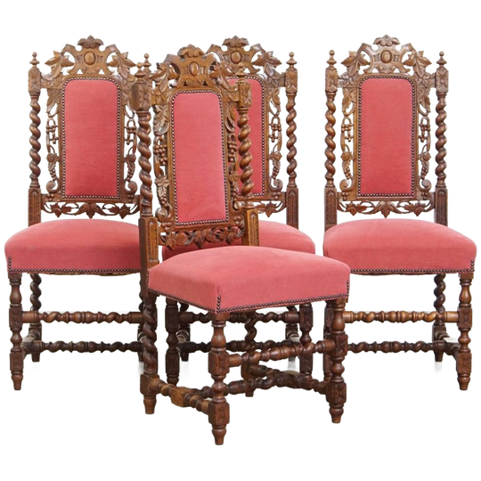Leuke Antieke Set Van 4 Hollandse Eetkamerstoelen Met Mooi Houtsnijwerk En Rode Stoffen Bekleding 1