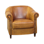 Karaktervolle, Charmante Vintage Schapenleren Clubfauteuil In Een Mooie Lichte Cognac Kleur thumbnail 1