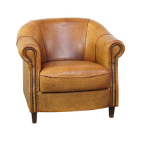 Karaktervolle, Charmante Vintage Schapenleren Clubfauteuil In Een Mooie Lichte Cognac Kleur