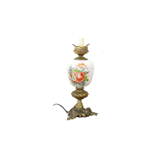 Vintage Porseleinen Lamp Met Bloemen En Messing Voet Rozen 1