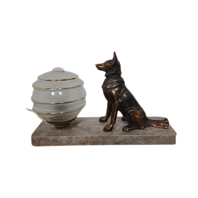 Prachtige Franse Art Deco Lamp Met Herdershond Hond.