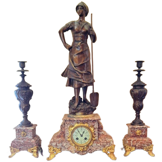 Mooi Antiek Klokkenstel, Pendule Set Met Signatuur. 1