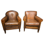 2 X Waanzinnige Vintage Schapenleren Fauteuils In Art Deco Stijl thumbnail 1