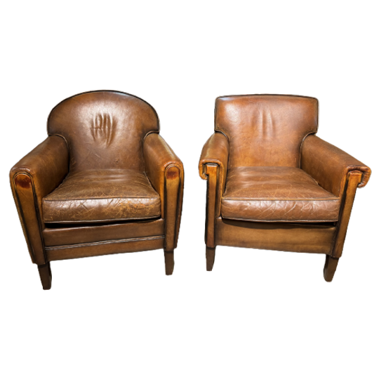 2 X Waanzinnige Vintage Schapenleren Fauteuils In Art Deco Stijl 1