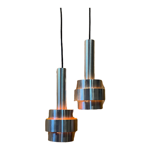Midcentury Hanglamp, Lamellen. Set Van Twee Aluminium Ruimtetijdperk Cilinder Lampen Met Oranje.