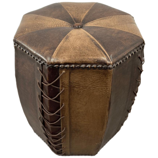Vintage Zeshoekige Poef Met Speels Patroon In Bruin Leer 1