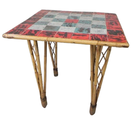 Vintage Bamboe Eettafel Met Tegels In Rood, Wit, Blauw, Jaren '50 1