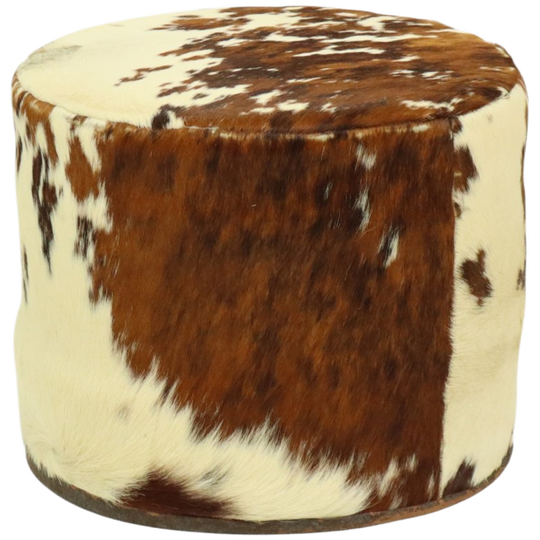 Ronde Vintage Poef Koeienhuid Leer Sixties 47cm 1