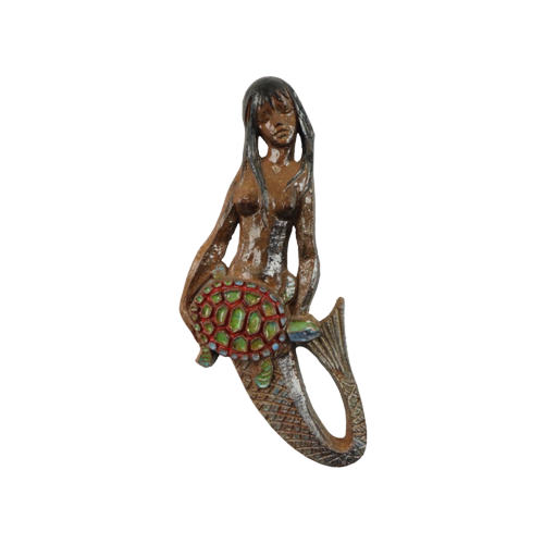 Zeemeermin Met Schildpad Sculptuur Keramiek Aardewerk Bas Reliëf Perignem
