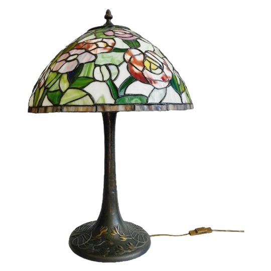 Vintage Mid-century Xl Tiffany Tafellamp Jaren 60 Bloemen 1