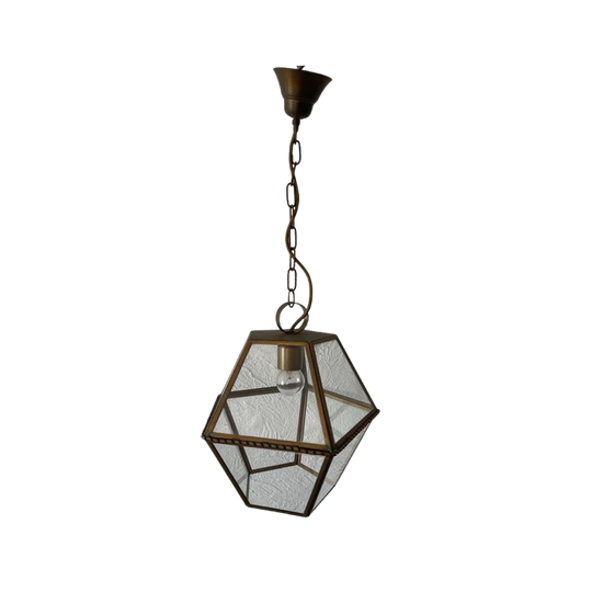 Vintage Hexagon Hanglamp Met Glas En Messing 1