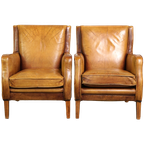 Prachtige Set Leren Fauteuils/ Armchairs In Lichte Cognac Kleur, Engelse Stijl thumbnail 1