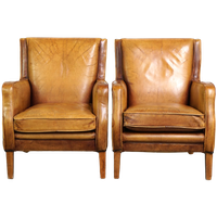 Prachtige Set Leren Fauteuils/ Armchairs In Lichte Cognac Kleur, Engelse Stijl