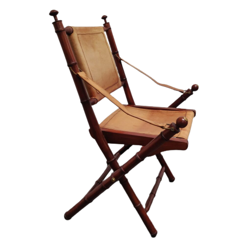 Vintage Faux Bamboo Teak And Leather Safari Folding Chair.