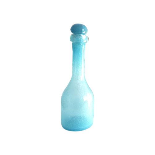 Vintage Mondgeblazen Karaf/Fles In Turquoise/Blauw Bellen Glas