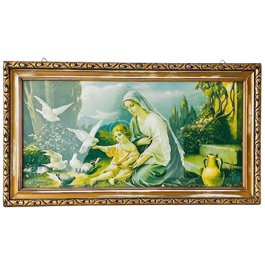 Vintage Religieus Schilderij Ingelijste Prent Madonna Van De Duiven Kerst 1960’s 1