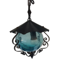 Vintage - Hanglamp - Plafondlamp - Blauw Glas - Metaal En Glas.