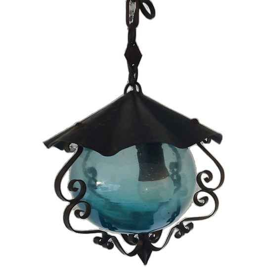 Vintage - Hanglamp - Plafondlamp - Blauw Glas - Metaal En Glas. 1