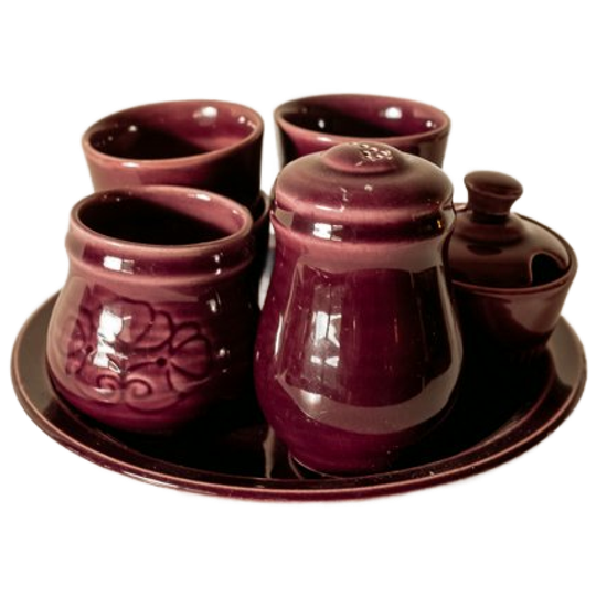 Paars Keramieken Ontbijtservies Met Eierdopjes En Zout & Peper Stel, Jaren 70 1