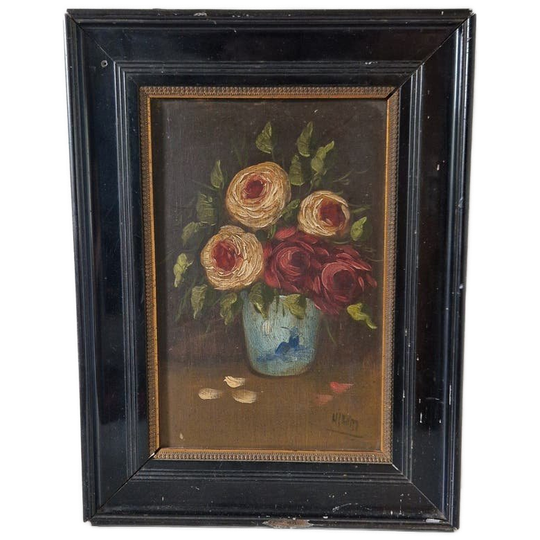 Gesigneerd Olieverf Schilderij Rozen In Vaas Op Paneel 1