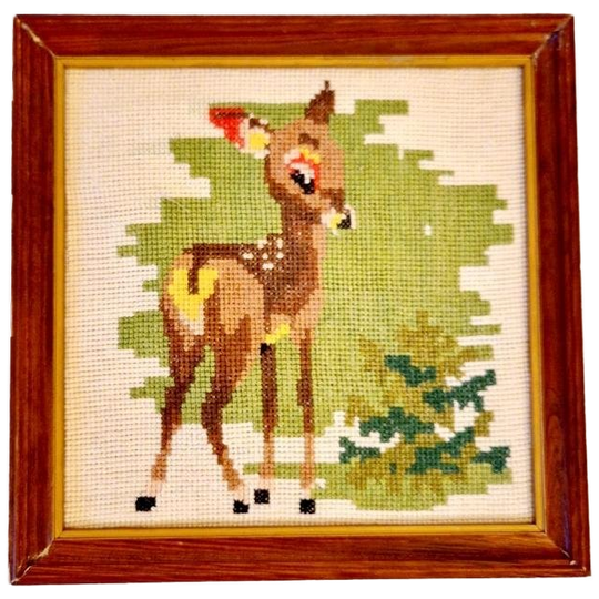 Vintage Geborduurd Schilderij Bambi Hertje Vintage Jaren 60 1