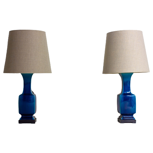 Two Vintage Lamps In Blue Ceramic